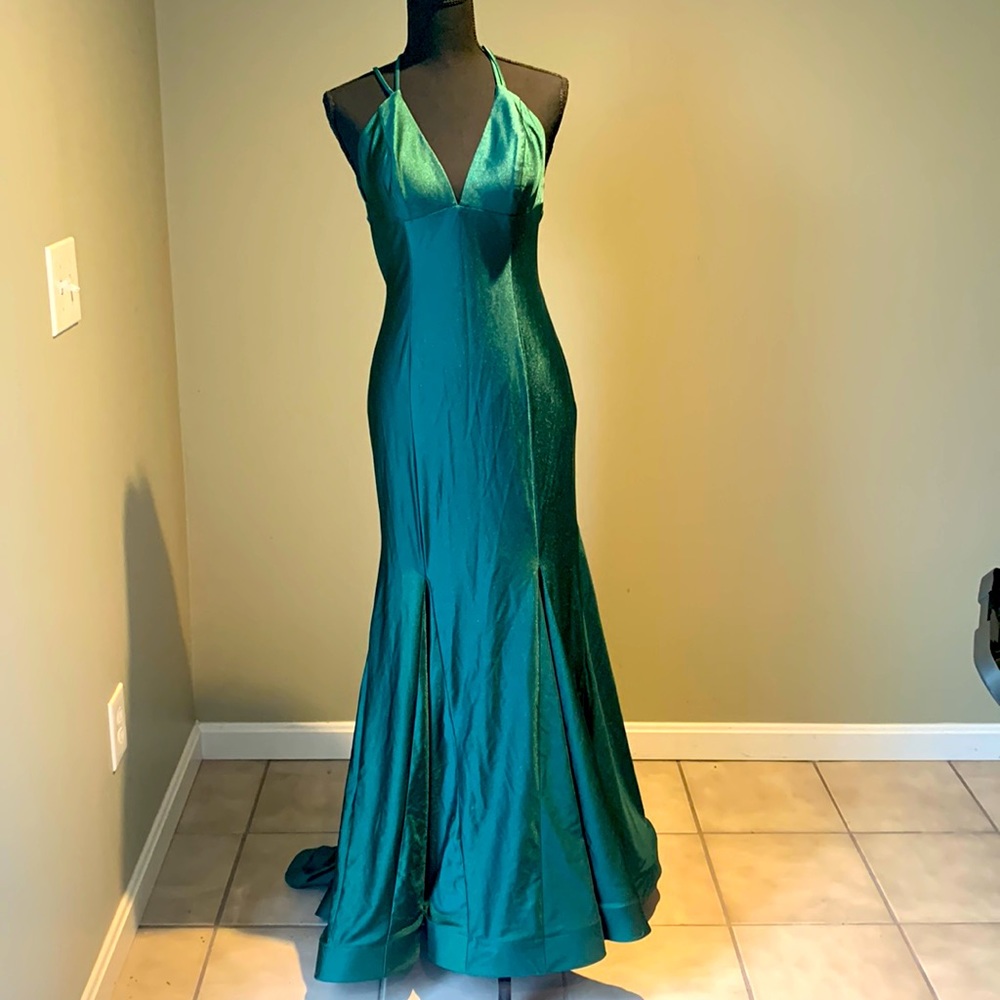 Blondie Nites Teal Halter Prom Gown
